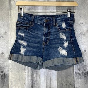 Aeropostale cuffed denim shorts with distressing.  Size 0.  EUC. High rise curvy